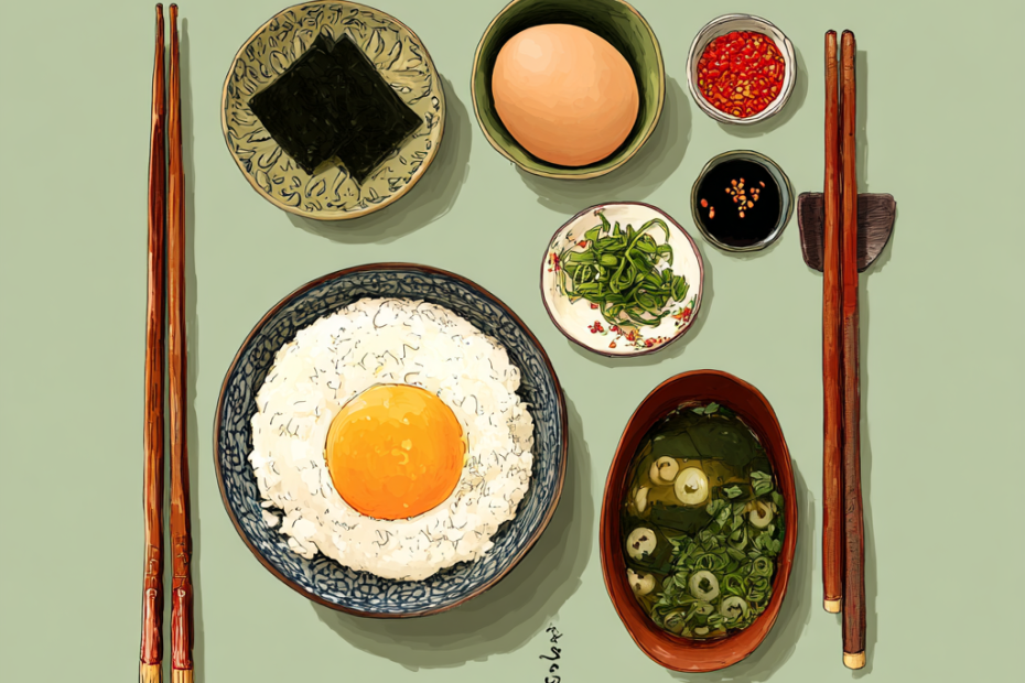 repas japonais avec du riz, un oeuf et des condiments